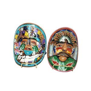 Vtg Hand Painted Mexican Clay Mask Wall Art Set of 2